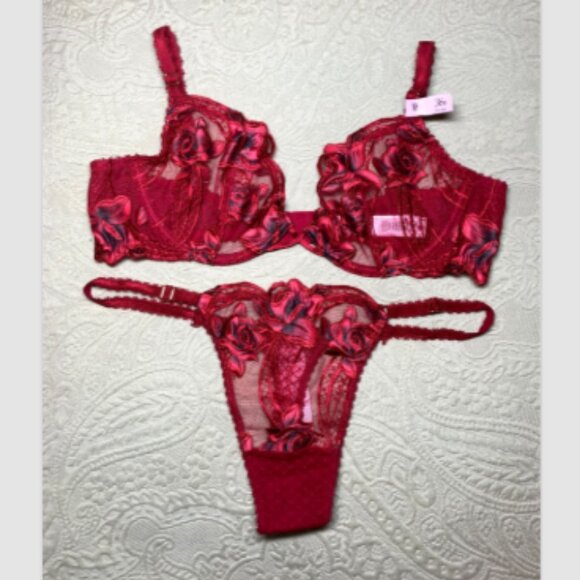 Victoria's Secret Very Sexy Red Rose Embroidery Unlined Demi Bra 36B Thong M Set - Picture 8 of 16